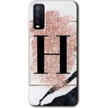 Gramaphone Vivo Y20 Kılıf Hd Desen Baskılı Arka Kapak + Kırılmaz Cam - Pembe Mermer Desenli H Harfi