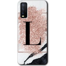 Gramaphone Vivo Y20 Kılıf Hd Desen Baskılı Arka Kapak + Kırılmaz Cam - Pembe Mermer Desenli L Harfi