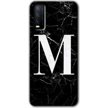 Gramaphone Vivo Y20 Kılıf Hd Desen Baskılı Arka Kapak + Kırılmaz Cam - Siyah Mermer Desenli M Harfi