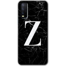 Gramaphone Vivo Y20 Kılıf Hd Desen Baskılı Arka Kapak + Kırılmaz Cam - Siyah Mermer Desenli Z Harfi