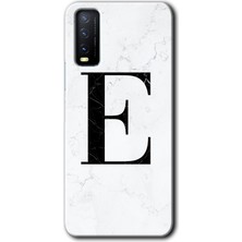 Gramaphone Vivo Y20 Kılıf Hd Desen Baskılı Arka Kapak + Kırılmaz Cam - Beyaz Mermer Desenli E Harfi