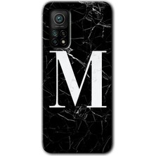 Gramaphone Xiaomi Mi 10T Kılıf Hd Desen Baskılı Arka Kapak + Kırılmaz Cam - Siyah Mermer Desenli M Harfi