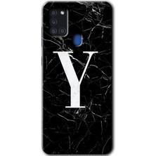 Gramaphone Galaxy A21S Kılıf Hd Desen Baskılı Arka Kapak - Siyah Mermer Desenli Y Harfi
