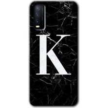 Gramaphone Vivo Y20 Kılıf Hd Desen Baskılı Arka Kapak + Kırılmaz Cam - Siyah Mermer Desenli K Harfi