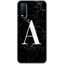 Gramaphone Vivo Y20 Kılıf Hd Desen Baskılı Arka Kapak + Kırılmaz Cam - Siyah Mermer Desenli A Harfi