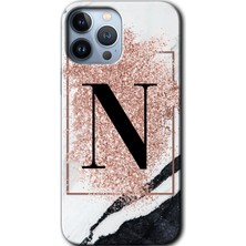 Gramaphone Apple iPhone 13 Pro Kılıf Hd Desen Baskılı Arka Kapak + Kırılmaz Cam - Pembe Mermer Desenli N Harfi