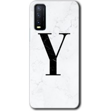 Gramaphone Vivo Y20 Kılıf Hd Desen Baskılı Arka Kapak + Kırılmaz Cam - Beyaz Mermer Desenli Y Harfi