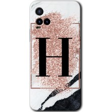 Gramaphone Vivo Y21 Kılıf Hd Desen Baskılı Arka Kapak + Kırılmaz Cam - Pembe Mermer Desenli H Harfi
