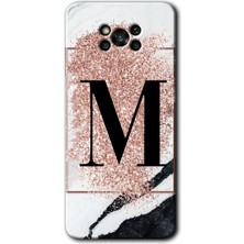 Gramaphone Poco X3 Nfc Kılıf Hd Desen Baskılı Arka Kapak + Kırılmaz Cam - Pembe Mermer Desenli M Harfi