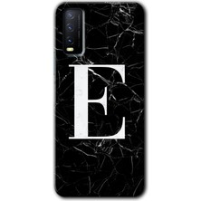 Gramaphone Vivo Y20 Kılıf Hd Desen Baskılı Arka Kapak + Kırılmaz Cam - Siyah Mermer Desenli E Harfi