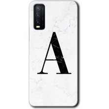 Gramaphone Vivo Y20 Kılıf Hd Desen Baskılı Arka Kapak + Kırılmaz Cam - Beyaz Mermer Desenli A Harfi