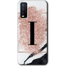 Gramaphone Vivo Y20 Kılıf Hd Desen Baskılı Arka Kapak + Kırılmaz Cam - Pembe Mermer Desenli I Harfi