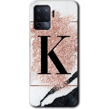 Gramaphone Oppo Reno 5 Lite Kılıf Hd Desen Baskılı Arka Kapak + Kırılmaz Cam - Pembe Mermer Desenli K Harfi
