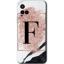 Gramaphone Vivo Y21 Kılıf Hd Desen Baskılı Arka Kapak + Kırılmaz Cam - Pembe Mermer Desenli F Harfi