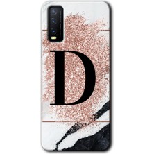 Gramaphone Vivo Y20 Kılıf Hd Desen Baskılı Arka Kapak + Kırılmaz Cam - Pembe Mermer Desenli D Harfi