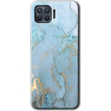Gramaphone Oppo Reno 4 Lite Kılıf Hd Desen Baskılı Arka Kapak + Kırılmaz Cam - Mavi Gold Mermer