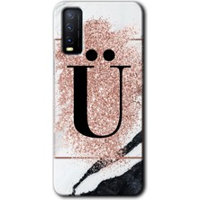 Gramaphone Vivo Y20 Kılıf Hd Desen Baskılı Arka Kapak + Kırılmaz Cam - Pembe Mermer Desenli Ü Harfi