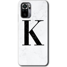 Gramaphone Redmi Note 10 Kılıf Hd Desen Baskılı Arka Kapak + Kırılmaz Cam - Beyaz Mermer Desenli K Harfi