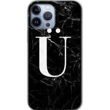 Gramaphone Apple iPhone 13 Pro Max Kılıf Hd Desen Baskılı Arka Kapak + Kırılmaz Cam - Siyah Mermer Desenli Ü Harfi