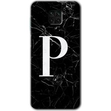 Gramaphone Redmi Note 9s Kılıf Hd Desen Baskılı Arka Kapak + Kırılmaz Cam - Siyah Mermer Desenli P Harfi