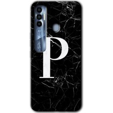 Gramaphone Tecno Spark 7 Pro Kılıf Hd Desen Baskılı Arka Kapak + Kırılmaz Cam - Siyah Mermer Desenli P Harfi