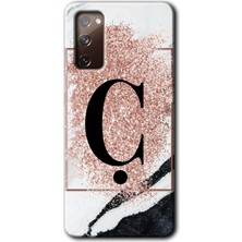 Gramaphone Galaxy S20 Fe Kılıf Hd Desen Baskılı Arka Kapak + Kırılmaz Cam - Pembe Mermer Desenli Ç Harfi