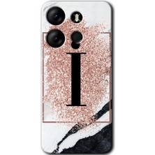 Gramaphone Tecno Spark Go 2023 Kılıf Hd Desen Baskılı Arka Kapak + Kırılmaz Cam - Pembe Mermer Desenli I Harfi