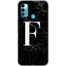 Gramaphone Tecno Spark 7t Kılıf Hd Desen Baskılı Arka Kapak - Siyah Mermer Desenli F Harfi
