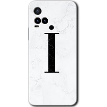 Gramaphone Vivo Y21S Kılıf Hd Desen Baskılı Arka Kapak + Kırılmaz Cam - Beyaz Mermer Desenli I Harfi