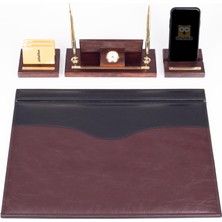 Ofistike Premium Maun Masa Isimliği Bordo-Siyah Masa Sümeni Telefon Standlı Masa Üstü Isimlik Pirinç 4 Parça