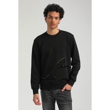 New World Polo Bisiklet Yaka Siyah Slim Fit Sweatshirt 23FWM60150