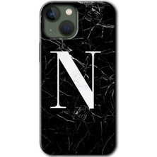Gramaphone Apple iPhone 13 Kılıf Hd Desen Baskılı Arka Kapak + Kırılmaz Cam - Siyah Mermer Desenli N Harfi