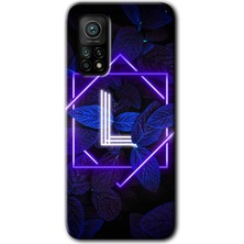 Gramaphone Xiaomi Mi 10T Kılıf Hd Desen Baskılı Arka Kapak + Kırılmaz Cam - Dark Neon Yaprak L Harfi