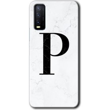 Gramaphone Vivo Y11S Kılıf Hd Desen Baskılı Arka Kapak + Kırılmaz Cam - Beyaz Mermer Desenli P Harfi