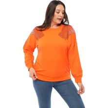 Ebsumu Kadın Büyük Beden Angels Taş Baskılı Turuncu Sweatshirt