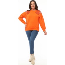 Ebsumu Kadın Büyük Beden Angels Taş Baskılı Turuncu Sweatshirt