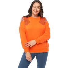 Ebsumu Kadın Büyük Beden Angels Taş Baskılı Turuncu Sweatshirt