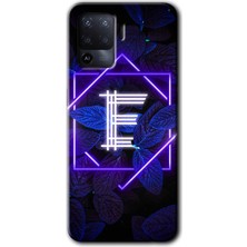 Gramaphone Oppo Reno 5 Lite Kılıf Hd Desen Baskılı Arka Kapak + Kırılmaz Cam - Dark Neon Yaprak E Harfi