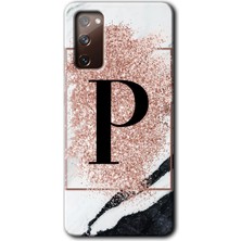 Gramaphone Galaxy S20 Fe Kılıf Hd Desen Baskılı Arka Kapak + Kırılmaz Cam - Pembe Mermer Desenli P Harfi