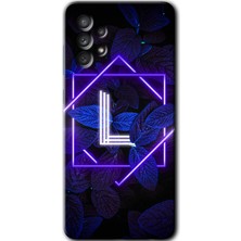 Gramaphone Galaxy A72 Kılıf Hd Desen Baskılı Arka Kapak + Kırılmaz Cam - Dark Neon Yaprak L Harfi