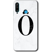 Gramaphone Huawei P30 Lite Kılıf Hd Desen Baskılı Arka Kapak + Kırılmaz Cam - Beyaz Mermer Desenli Ö Harfi