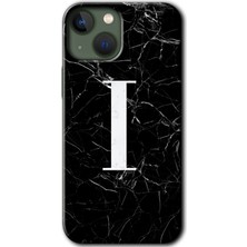 Gramaphone Apple iPhone 13 Kılıf Hd Desen Baskılı Arka Kapak + Kırılmaz Cam - Siyah Mermer Desenli I Harfi