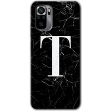 Gramaphone Redmi Note 10 Kılıf Hd Desen Baskılı Arka Kapak + Kırılmaz Cam - Siyah Mermer Desenli T Harfi