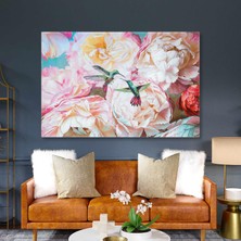 SML Tablo Beyaz ve Kırmızı Şakayık Çiçeği ile Sinek Kuşları Yatay Kanvas Tablo