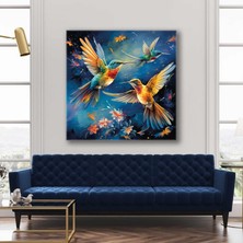 SML Tablo Karşılıklı Uçan Sinek Kuşu Çifti Çiçekler Kare Kanvas Tablo