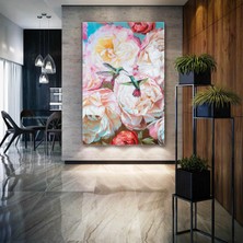 SML Tablo Beyaz ve Kırmızı Şakayık Çiçeği ile Sinek Kuşları Dikey Kanvas Tablo