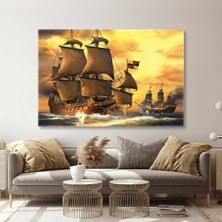 SML Tablo Gün Batımında Denizdeki Gemiler Dekoratif Yatay Kanvas Tablo