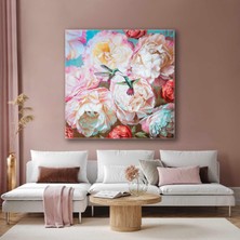 SML Tablo Beyaz ve Kırmızı Şakayık Çiçeği ile Sinek Kuşları Kare Kanvas Tablo