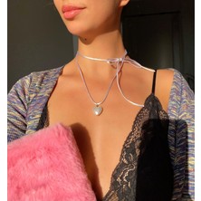 Pinky Lady Beyaz Ipli Incili Kalp Choker Kolye