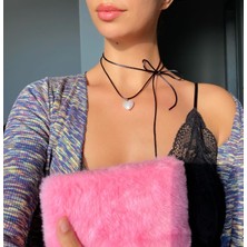 Pinky Lady Siyah Ipli Incili Kalp Choker Kolye